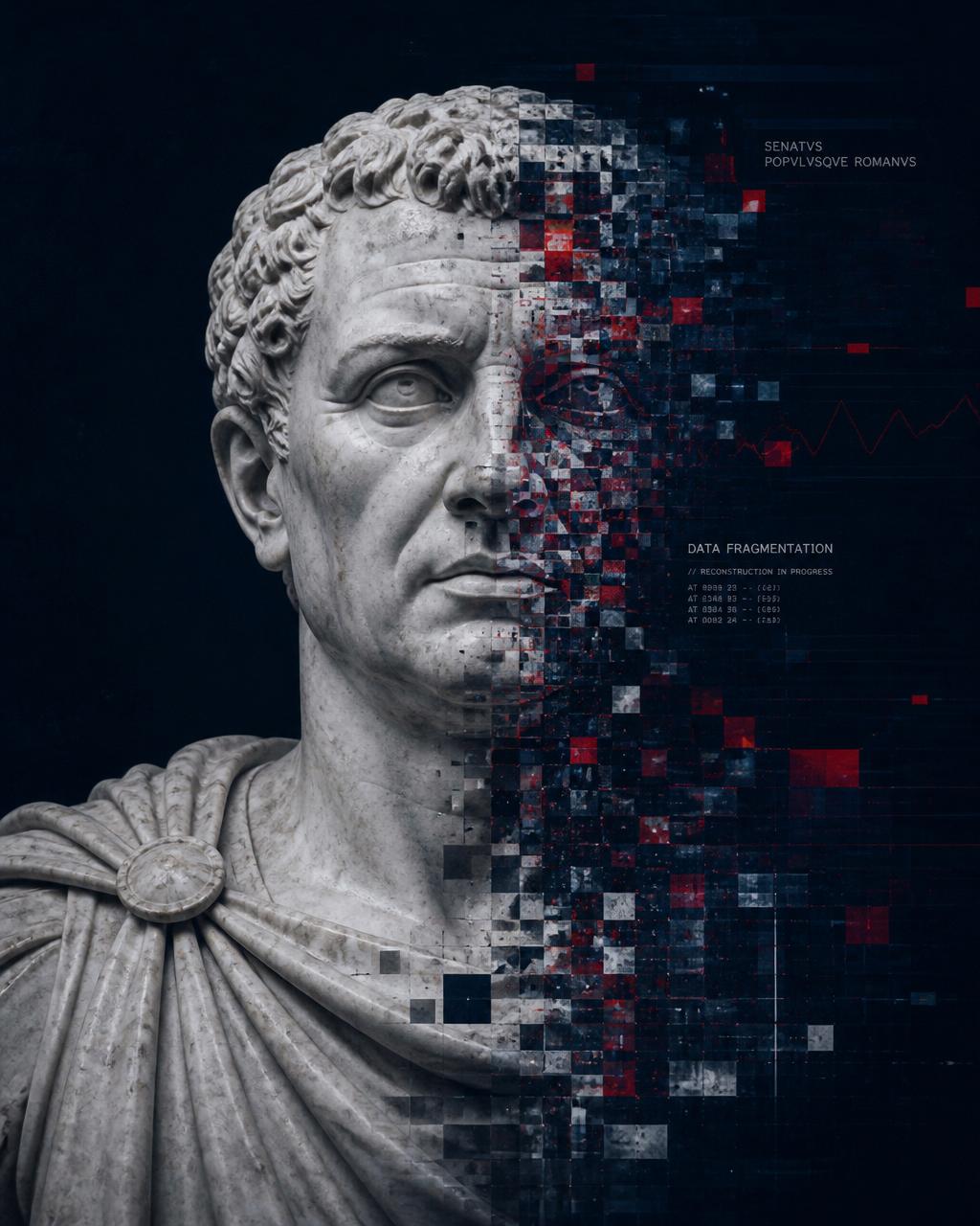 A classical marble bust dissolving into red pixels — cover feature artwork for 'The Republic, Pixelated.'